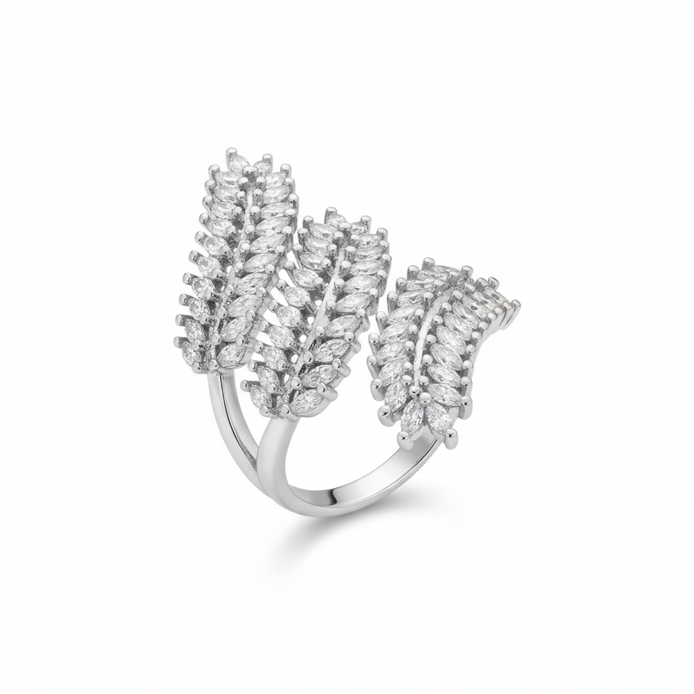 Elegant Silver Leaf Cubic Zirconia Ring